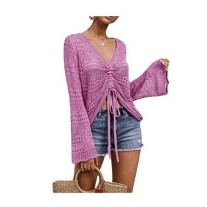 Hollow Out Lightweight Crochet Sweater Pink Knit Bell Sleeve Drawstring‎ Front S